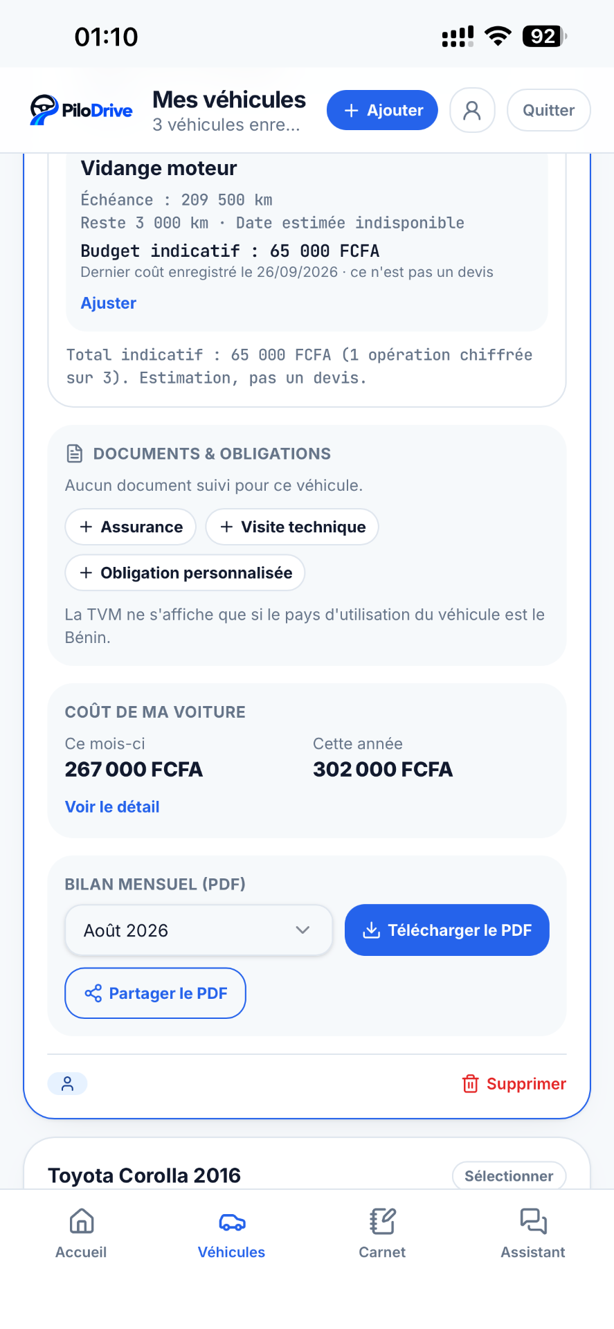 Tableau de bord PiloDrive : échéance d’entretien, coût de la voiture et bilan mensuel