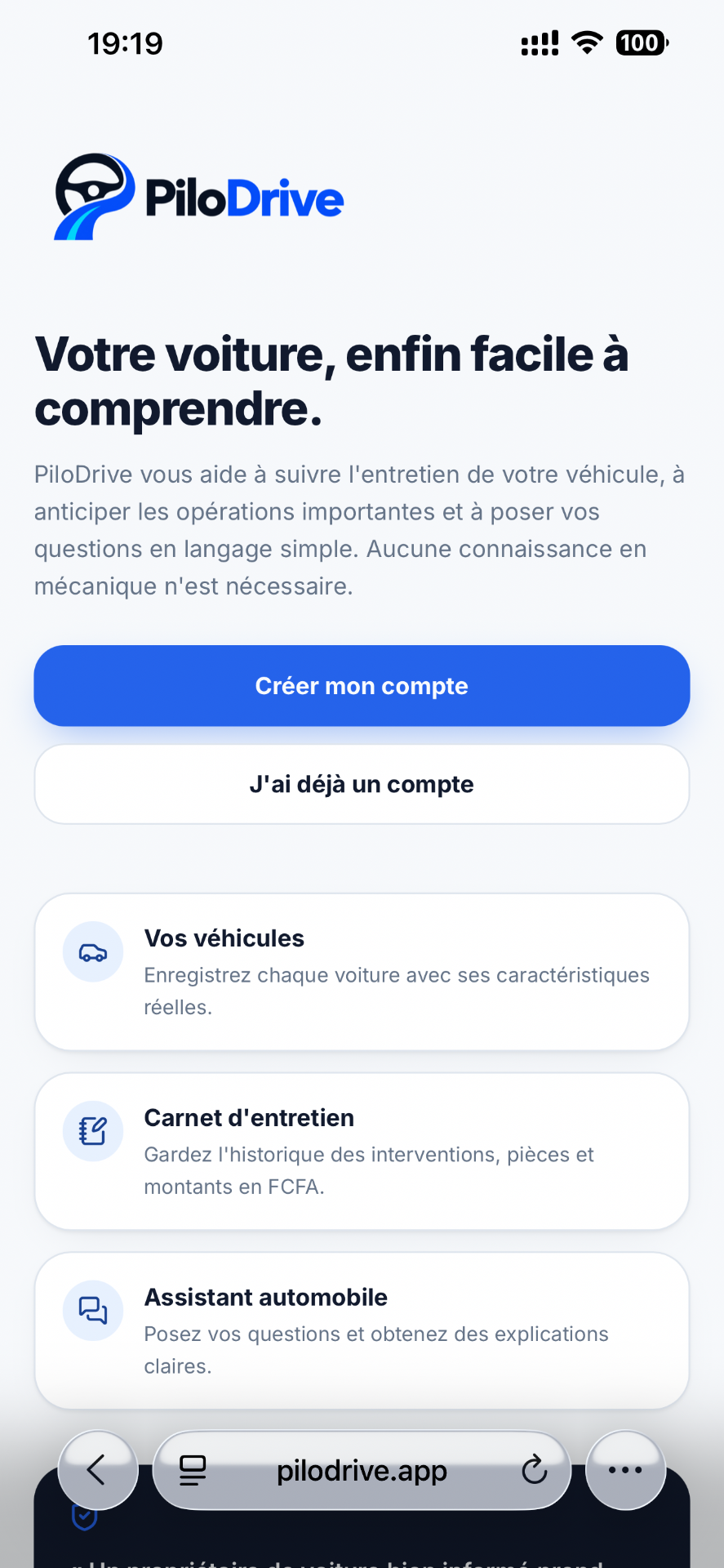 Page d’accueil de PiloDrive